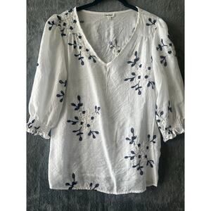 Kindred Women's sz S white‎ blue tunic shirt v-neck Boho beach resort coastal